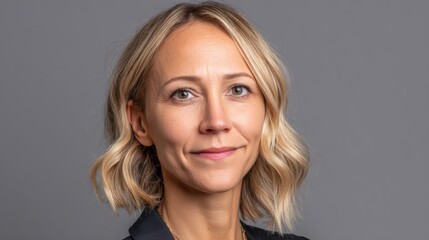 Fototapeta premium Woman with blonde hair and a smile on her face. She is wearing a black blazer and a gold necklace