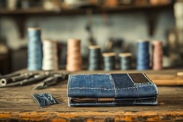 Stacked denim patches on a workbench, surrounded by sewing supplies