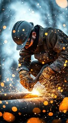 Male Welder Working on Metal Pipes Outdoors