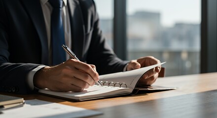 Man Writing in Notebook at Desk Office Setting Professional Attire