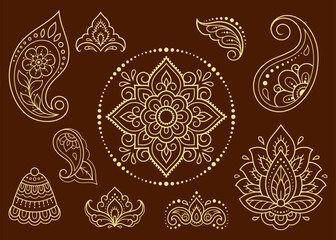 Set of Mehndi flower pattern for Henna drawing and tattoo. Decoration in ethnic oriental, Indian style. Doodle ornament. Outline hand draw vector illustration.