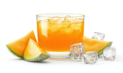 Fototapeta premium Refreshing melon juice with ice cubes, slices, white background; perfect for summer beverage ads