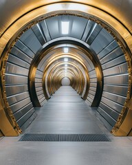 Fototapeta premium A modern corridor with a sleek, futuristic design and metallic finishes.