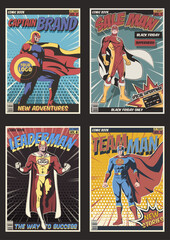 Superheroes Fake Comics Cover Set. Captain Brand, Sale Man, Leaderman, Team Man Illustrations. Vector Templates for Your Corporate Posters, Postcards