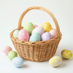 Wicker basket filled with colorful pastel easter eggs with dotted designs for spring holiday celebration