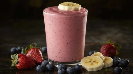 A fresh fruit smoothie with strawberries, blueberries, and bananas. Featuring freshness and energy