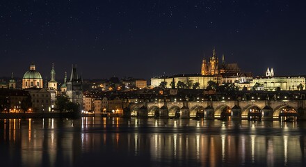 Naklejka premium Nighttime Majesty A Citys Reflective Glory AI Generated