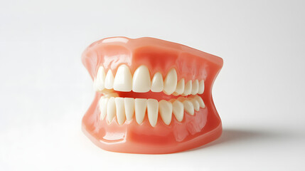 Obraz premium Realistic 3D dental model showing upper and lower teeth with pink gums ideal for oral health education dental care visuals orthodontic demonstrations and professional healthcare presentations