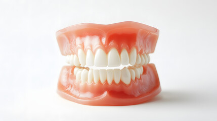 Obraz premium Realistic 3D dental model showing upper and lower teeth with pink gums ideal for oral health education dental care visuals orthodontic demonstrations and professional healthcare presentations