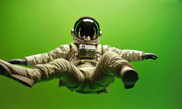Floating astronaut waving both hands in anti gravity pose side angle cinematic lighting high definition suit green screen created with Generative AI technology