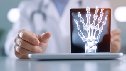 Doctor is holding a tablet with a skeleton on it. The skeleton is on a white background