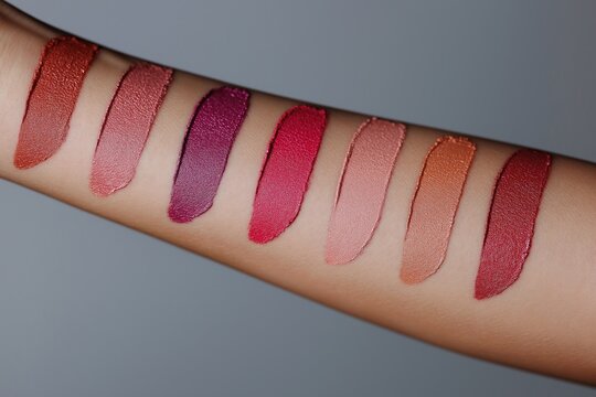 A neat row of eight lipstick swatches in nude, berry, and coral shades appears on a pale arm - Powered by Adobe