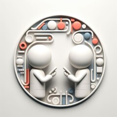 3D round illustration of a boy and girl facing each other, holding smartphones. Surrounded by various communication icons. Symbolizes mobile conversation in a soft and modern visual.