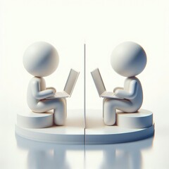 Stylized 3D illustration of a boy and girl sitting opposite each other with laptops, surrounded by collaborative digital icons. Symbol of online teamwork. Clean white round setup.