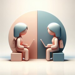 Stylized 3D illustration of a boy and girl sitting opposite each other with laptops, surrounded by collaborative digital icons. Symbol of online teamwork. Clean white round setup.