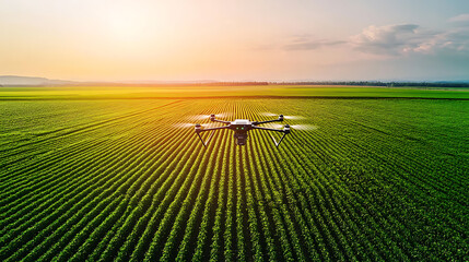 A smart agriculture farm with autonomous drones analyzing crop health, vast green fields with real-time data overlays, High-tech style