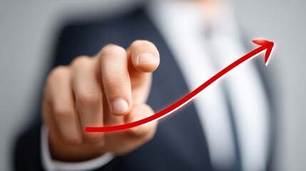 Man in a suit is pointing to a red arrow on a white background. Concept of progress and growth, as the upward arrow suggests that something is moving in a positive direction