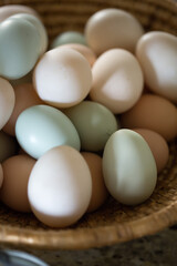 Assorted farm-fresh eggs in a woven basket on countertop.