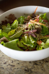 Fresh mixed greens salad with shredded cheese in white bowl.