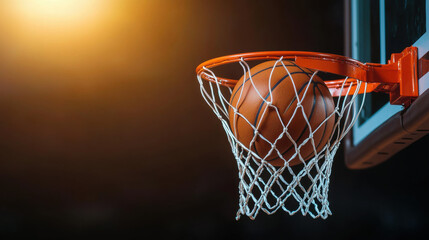 The winning moment. basketball swishes through hoop capturing winning moment in dramatic play