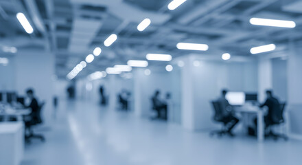 Fototapeta premium Blurred Blue Toned Office Interior with Desks and People Working in a Modern Open Space