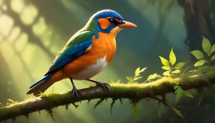 Fototapeta premium A vibrant digital painting captures a bird perched on a branch, bathed in the warm glow of sunlight. The bird, with its orange breast