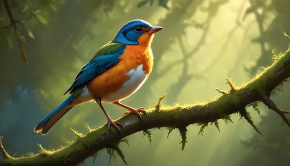 Fototapeta premium A vibrant digital painting captures a bird perched on a branch, bathed in the warm glow of sunlight. The bird, with its orange breast