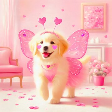 ゴールデンレトリバーの子犬がピンクの妖精コスプレドレスを着ているかわいいアートイラスト