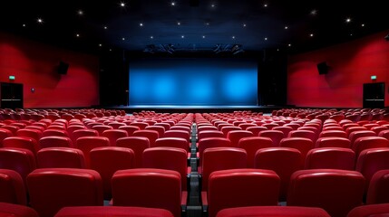 Fototapeta premium Empty theater with red seats and bright blue screen captivating scene of entertainment performance