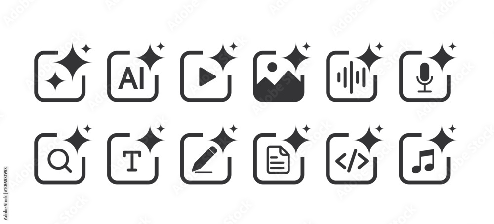 Poster Set of Generate AI user interface. Artificial intelligence sign. AI enters by command prompt to generate ideas. AI tool and square. Icon element for apps, and websites. Vector illustration.