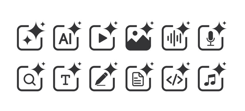 Set of Generate AI user interface. Artificial intelligence sign. AI enters by command prompt to generate ideas. AI tool and square. Icon element for apps, and websites. Vector illustration.