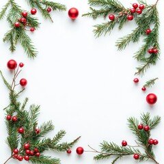 Festive evergreen branches with vibrant red berries form a seasonal frame