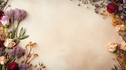 Dried roses and wildflowers on an aged parchment paper 