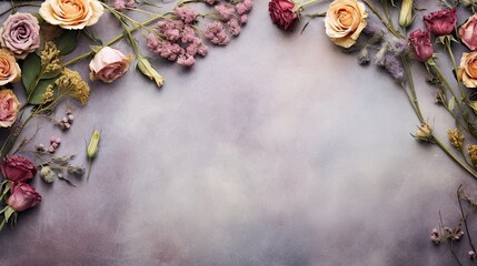 Enchanting dried wildflowers and garden roses on an aged parchment paper