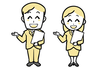 書類を持って案内する、スーツを着た若い男女