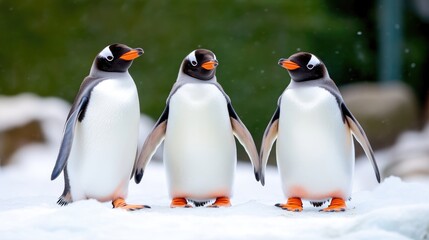 Fototapeta premium Three penguins in snowy habitat