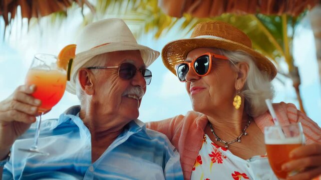 elderly couple toasting drinks on beach vacation in tropical setting, relaxing in motion footage with happy mood and summer vibe