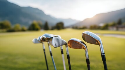 Row of golf clubs are lined up on a green field. The golf clubs are of different sizes and are all shiny. The scene is peaceful and serene, with the sun shining down on the golf course
