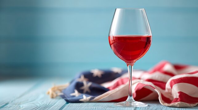 Wine glass filled with red wine is placed on a table next to a red, white, and blue American flag. The wine glass is positioned in the center of the table, and the flag is spread out behind it