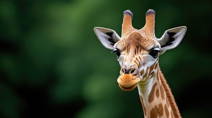 Obraz premium Close-up of a young giraffe's face, looking directly at the camera. Its spotted coat and expressive eyes are prominent features against a blurred green background