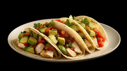 A fresh plate of chicken tacos with avocado, salsa, and cilantro. Featuring flavor, texture, and freshness