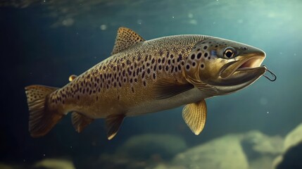 Fototapeta premium Hooked Trout Underwater River Fishing