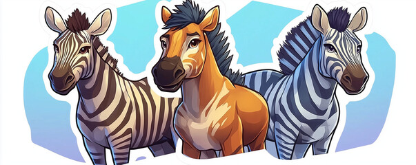 A set of hand-drawn images of large animals of Africa, zebras