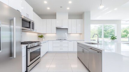 Modern, bright kitchen with stainless steel appliances and white cabinets.  Large island and spacious layout