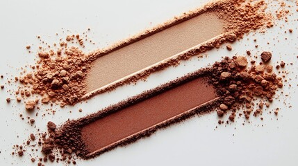 Two horizontal powder pans in light beige and deep brown shades with crumbled pieces on both sides