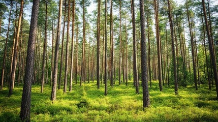 Fototapeta premium Lush Evergreen Forest: Serene Woodland Landscape with Tall Pine Trees