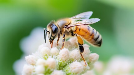Fototapeta premium A honeybee, with its distinctive brown and orange stripes, is shown feeding on a cluster of small, white flowers. The image is sharply focused on the bee, with a softly blurred green background. The