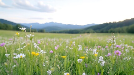 Obraz premium A vibrant wildflower meadow stretches across the foreground, showcasing diverse blooms in various colors and heights. The composition features a shallow depth of field, blurring the distant mountains