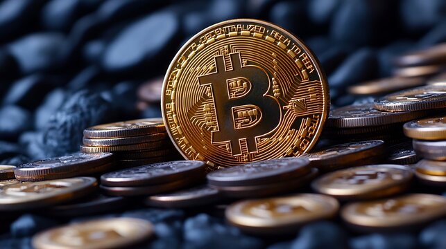 Bitcoin Coin on Dark Rocks