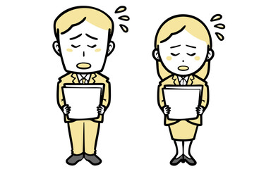 書類を持ち謝る、スーツを着た若い男女